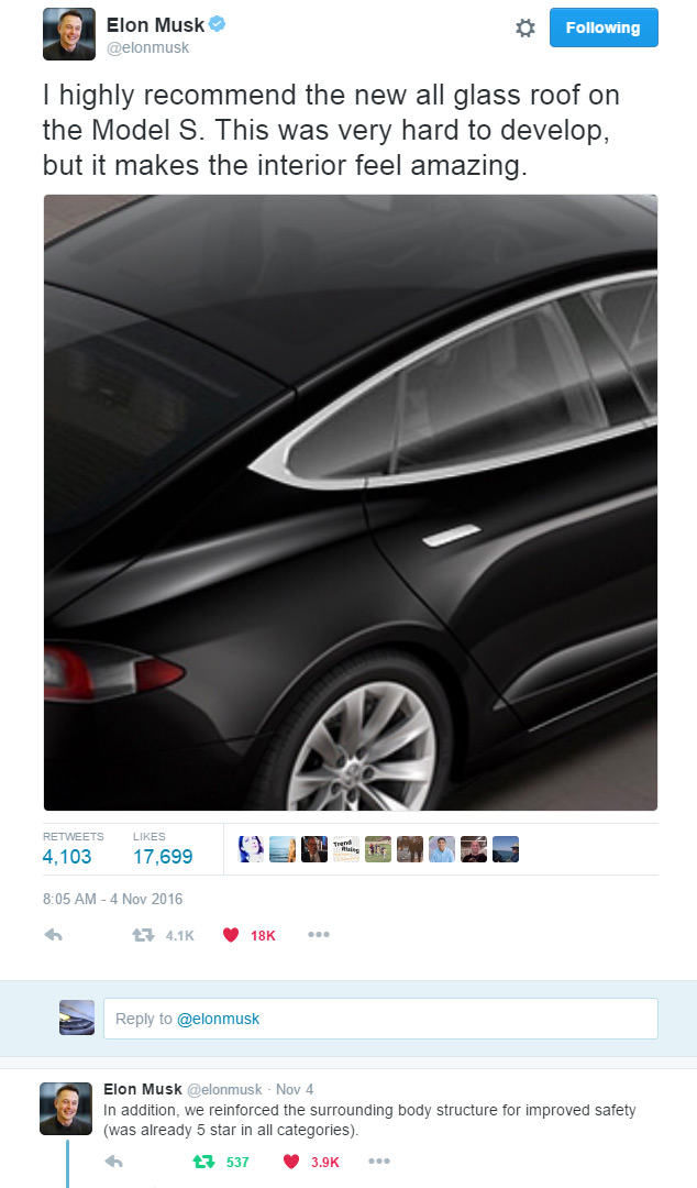 Elon Tweets about Model S Glass Roof