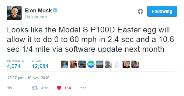 Elon Musk Tweet disclosing P100D Easter Egg