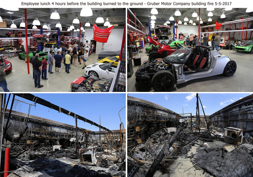 Employee party before and after the fire at Gruber Motor Company
