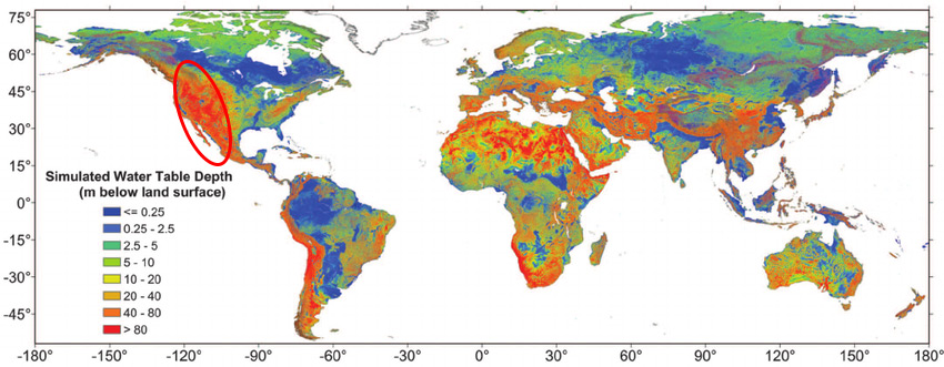 Simulated Water Table Depth Globally