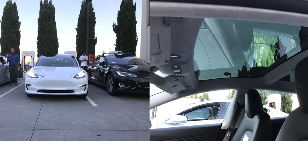 White Tesla Model 3 spotted with close views of glass roof interior and center display