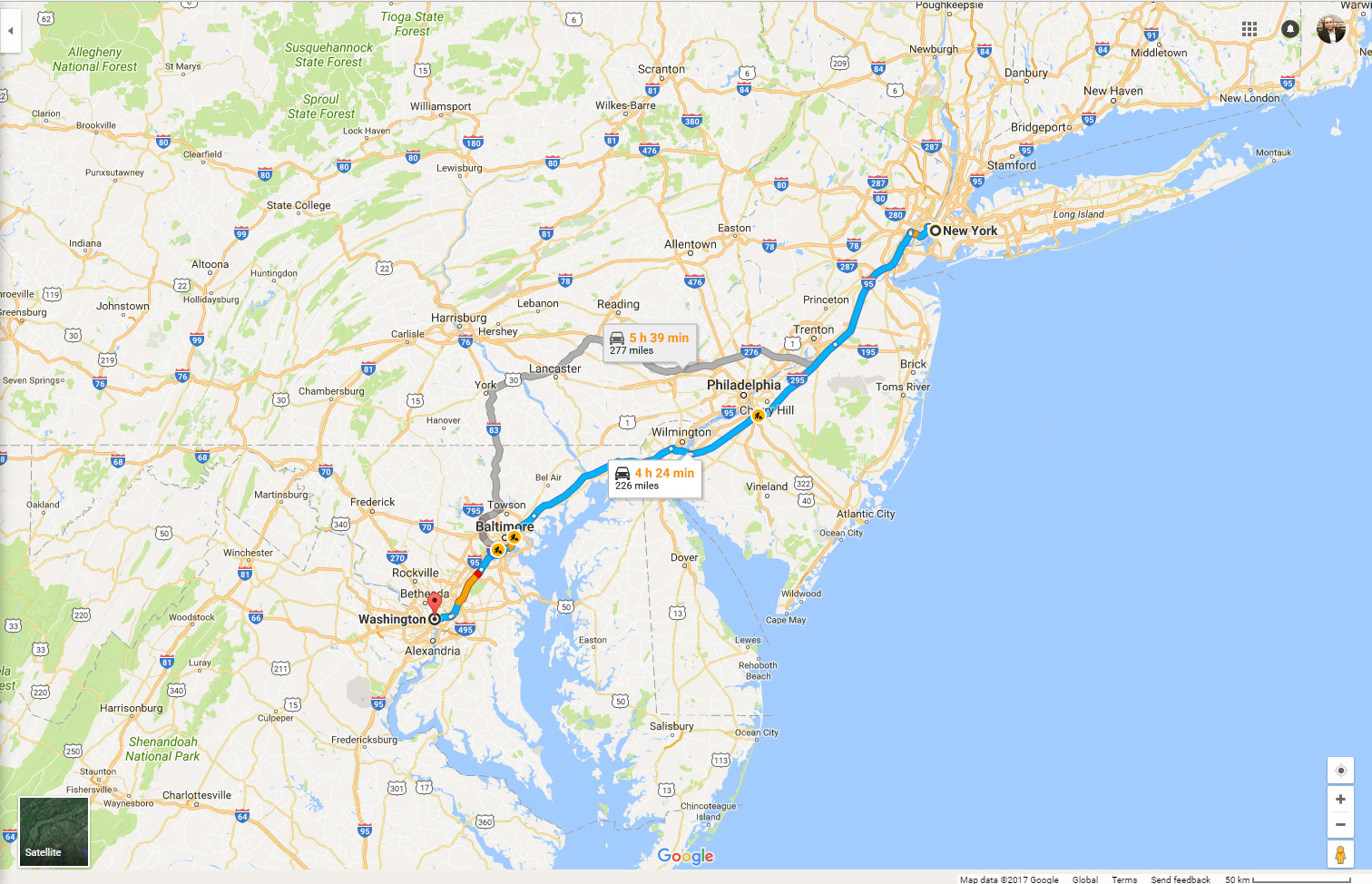 New York to Washington D.C. Distance Google Map