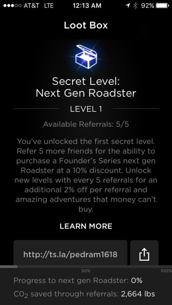 Tesla App Screenshot for Next Gen Free Roadster Referral Plan - Page 1