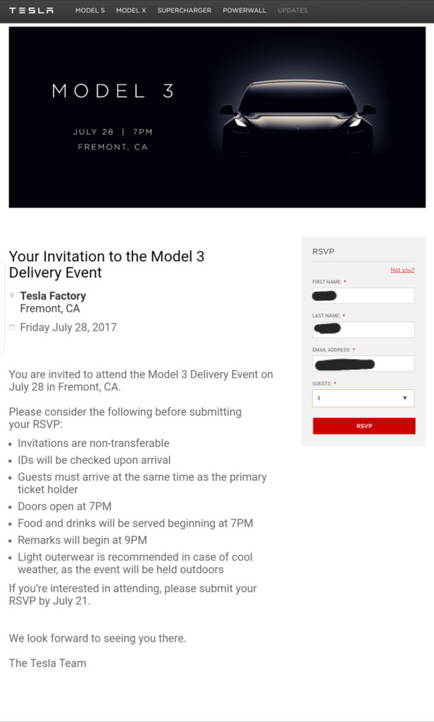 RSVP Form Screen for the Model 3 delivery event invitation