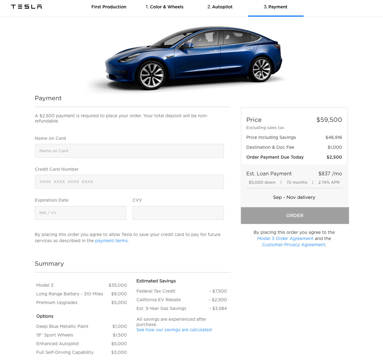 Tesla Model 3 Configurator - Order & Final Payment