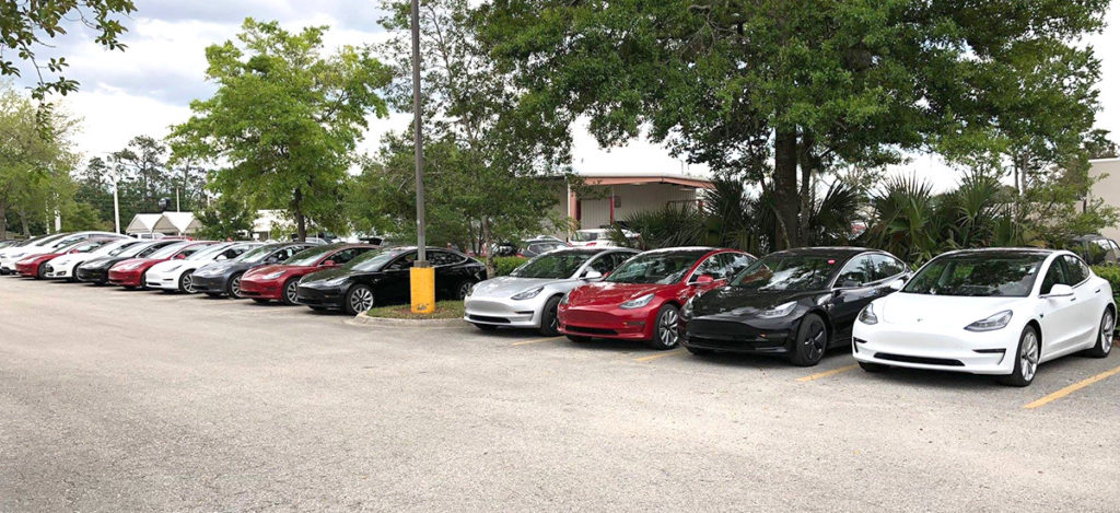 Fleet of Tesla Model 3 ready for delivery at Jacksonville Florida store