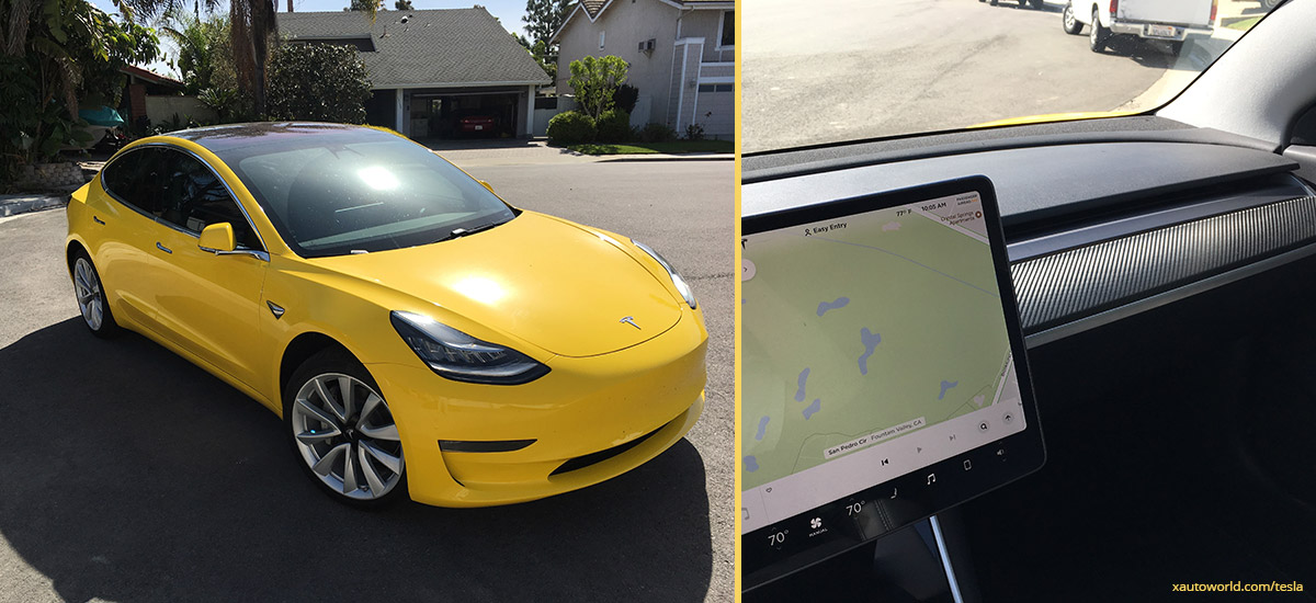 Yellow Tesla Model 3 - Tinted Windows and Carbon Fiber Dashboard