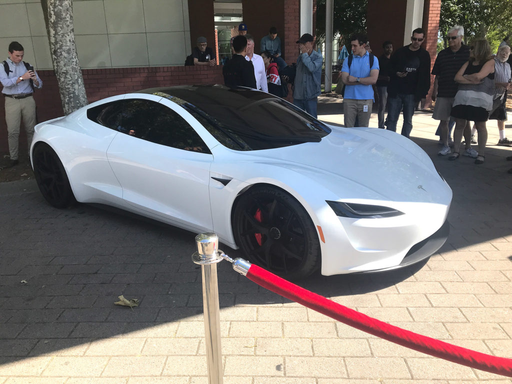 White Tesla Roadster Prototype at the 2018 Tesla Shareholder Meeting - Front View