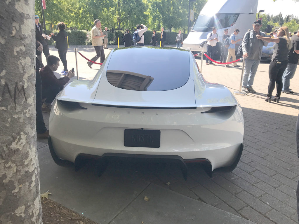 White Tesla Roadster Prototype at the 2018 Tesla Shareholder Meeting - Rear View
