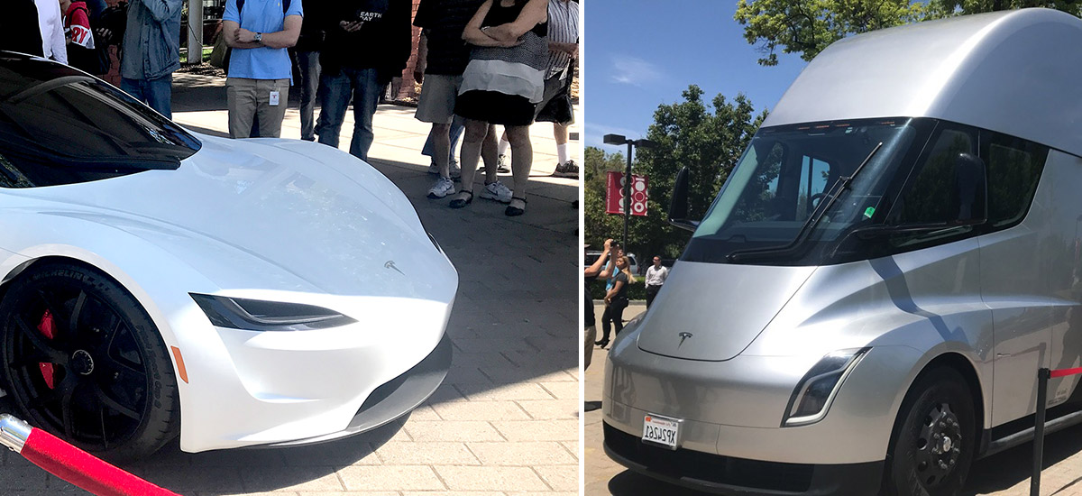 White Tesla Roadster and Semi Truck at 2018 Tesla Shareholder Meeting