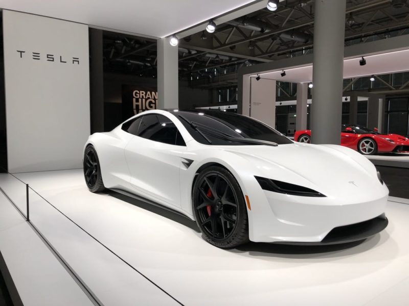 White Tesla Roadster at the Grand Basel, Switzerland (front side view).