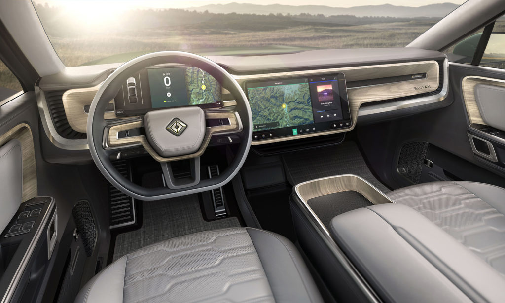 Rivian R1S - center touchscree, instrument panel and steering wheel.