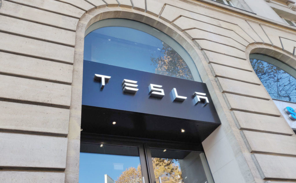 Store front of the Tesla Showroom in Paris France