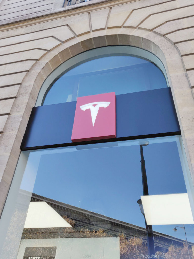 Store front of the Tesla Showroom in Paris France