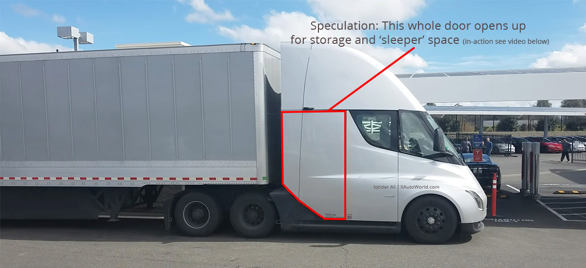 Tesla Semi Truck rear door for storage and sleeper cabin, door in action video below