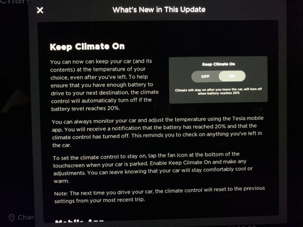 Tesla 201.48.12 update release notes - Keep Climate On