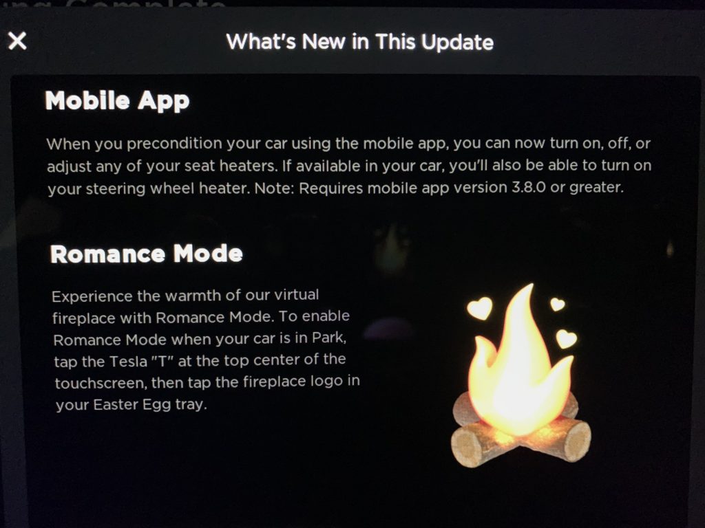 Tesla 201.48.12 update release notes - Romance Mode & Mobile App