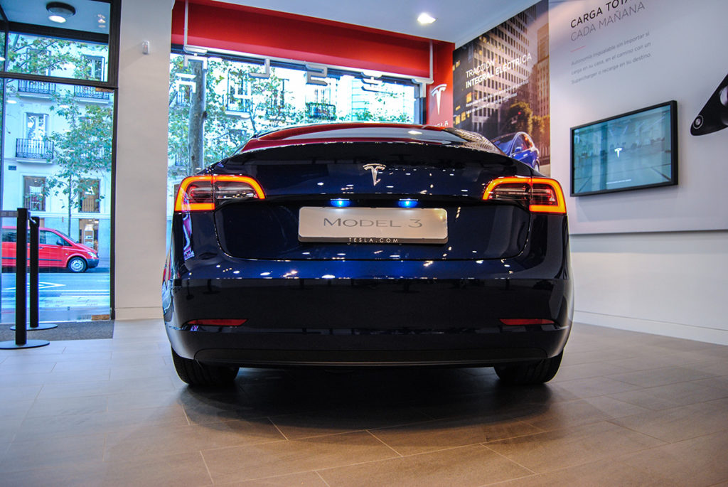 Blue Tesla Model 3 in Madrid, Spain - Rear View