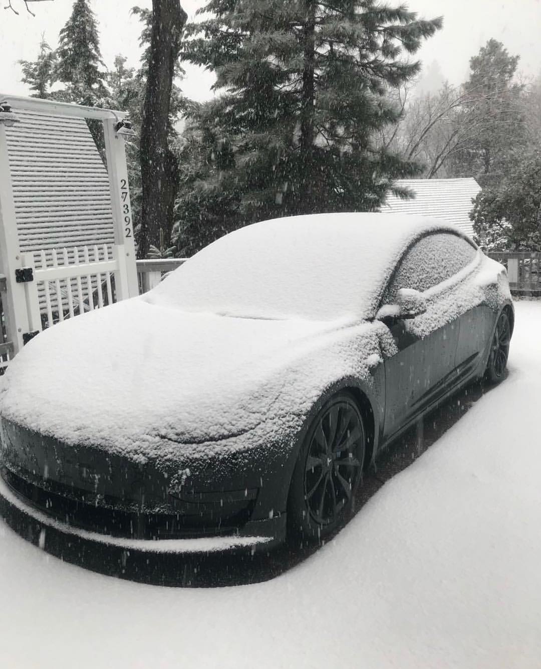 A Tesla Model 3 totally covered in snow