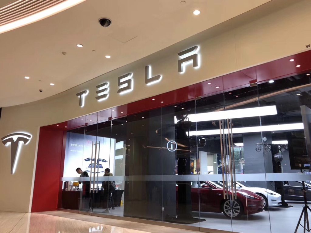 Model 3 electric cars at the Shanghai Tesla Store