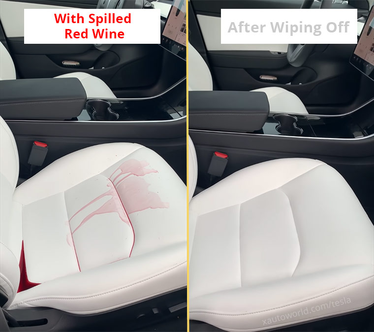 Comparing Tesla Model 3 white seat with spilled red wine and after wiping off the liquid.