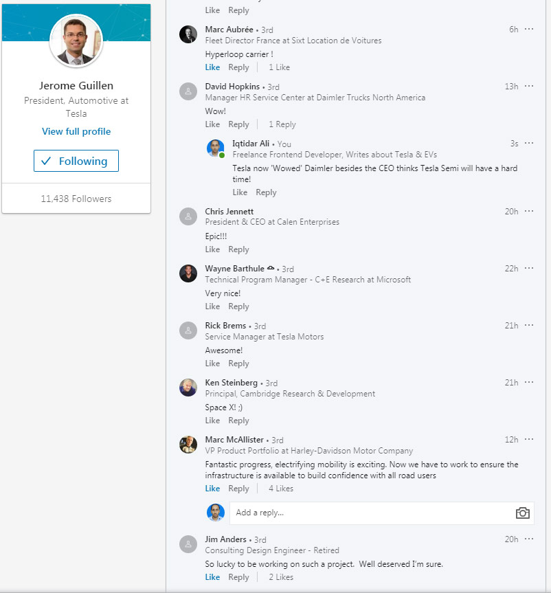 LinkedIn comments screenshot on Jerome Guillen's post by industry peers.