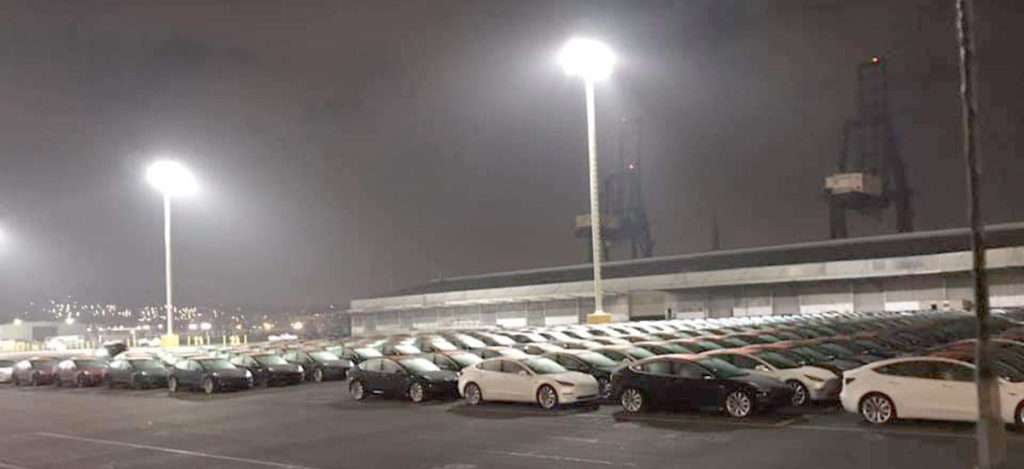 Large Number of Tesla Model 3 at San Francisco Port for deliveries to China or Europe