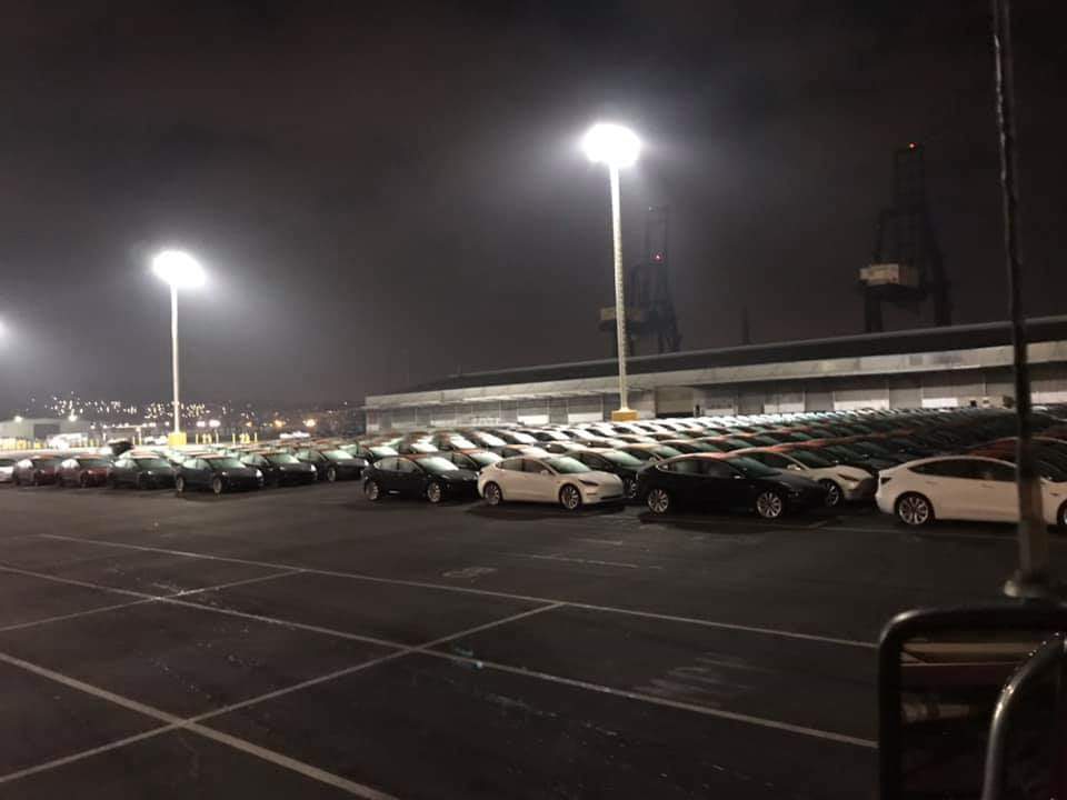 Tesla Model 3 fleet at Port Of San Francisco waiting to board Glovis Captain vehicle transport vessel.