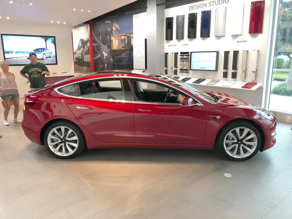 Tesla Model 3 at the Jacksonvlle, FL Tesla Store ready for delivery - Side View Profile