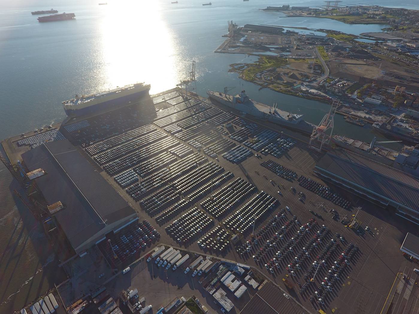 4,000 Tesla electric vehicles waiting at the San Francisco port to be shipped to Europe.