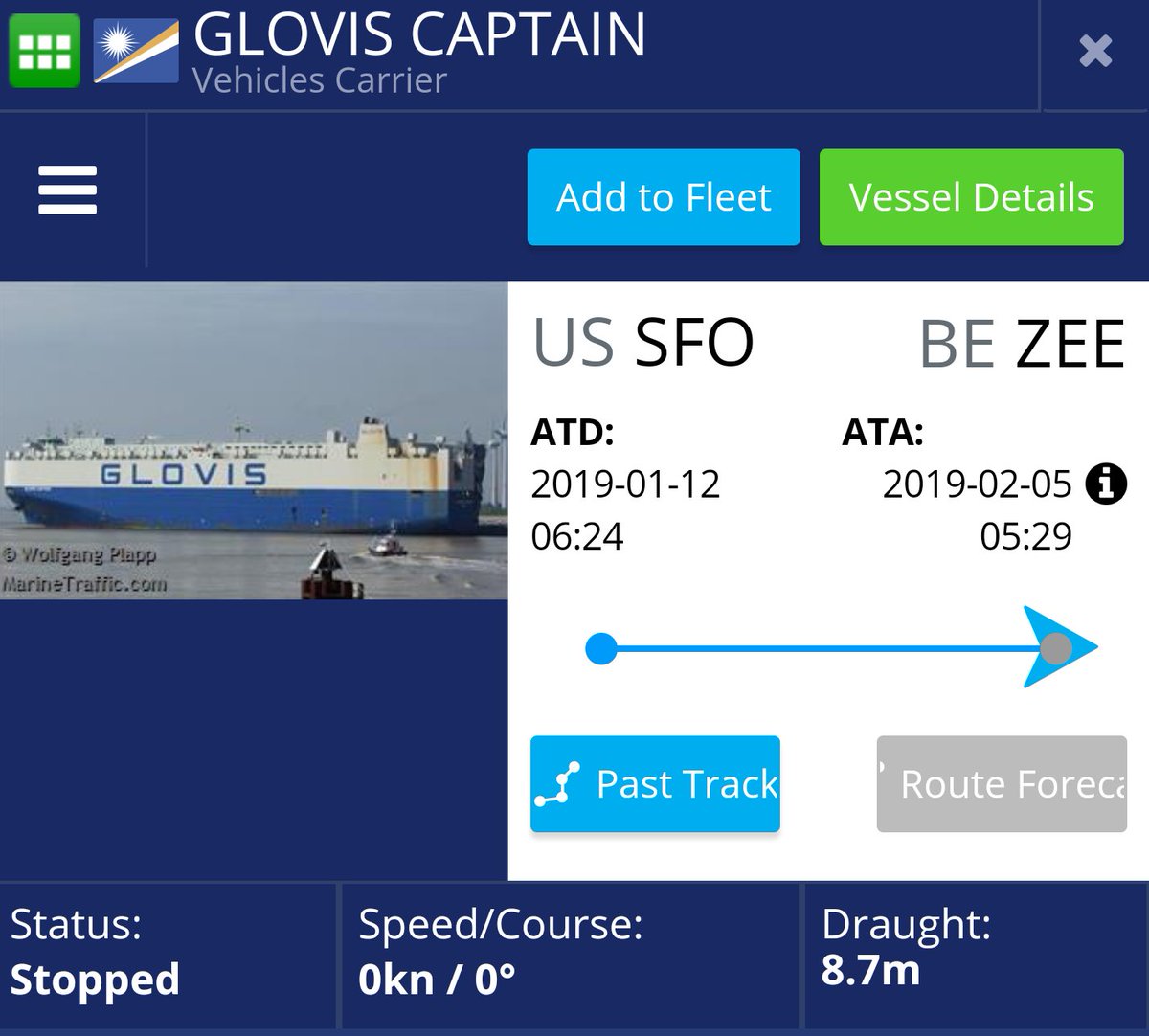 Glovis Captain reaches Port of Zeebrugge, Belgium carrying Tesla Model 3 EVs