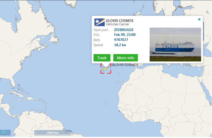 Glovis Cosmos (vehicle carrier vessel) tracking map screenshot - heading for Port of Zeebrugge, Belgium