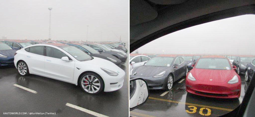 Tesla Model 3 Europe shipment unloading at the Port of Zeebrugge, Belgium