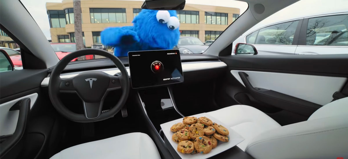 Tesla Sentry Mode - cookie monster tries to steal cookies from a Tesla Model 3