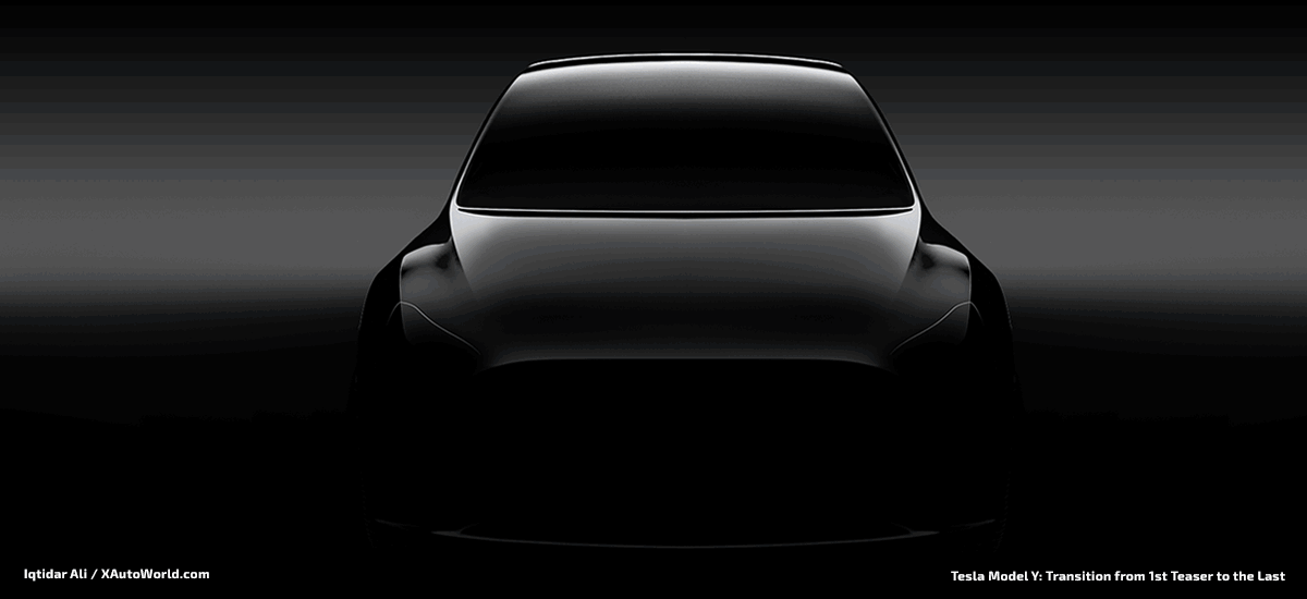 Tesla Model Y - Animated GIF showing design transition from 1st to the latest Model Y teaser image.