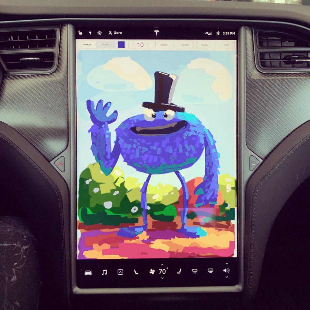 Amazing illustration by Goro Fujita created by his fingers on a Tesla Model S touchscreen using the Sketchpad Easter Egg.