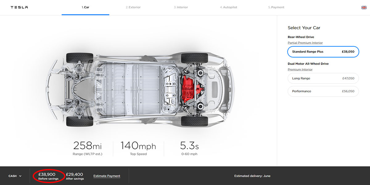 Tesla Model 3 UK ordering page screenshot showing pricing and variant options.