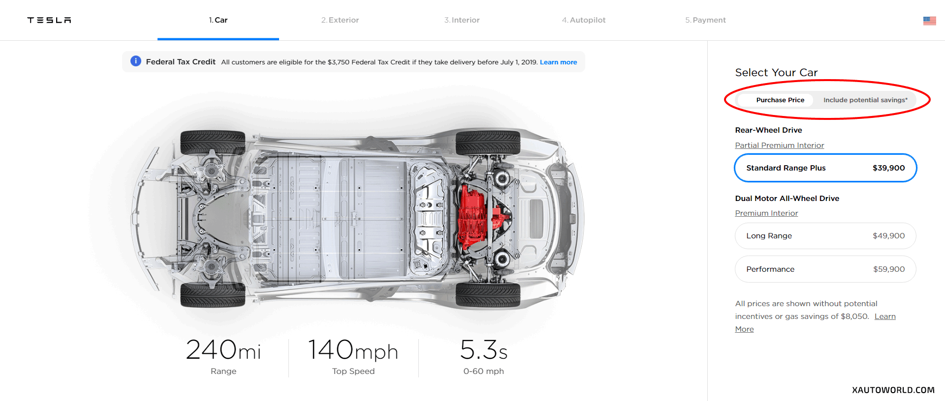 Animated GIF image showing the new toggle button added to Tesla Model 3 ordering page for the United States. Toggle switches between actual price and price after savings. Created by: Iqtidar Ali