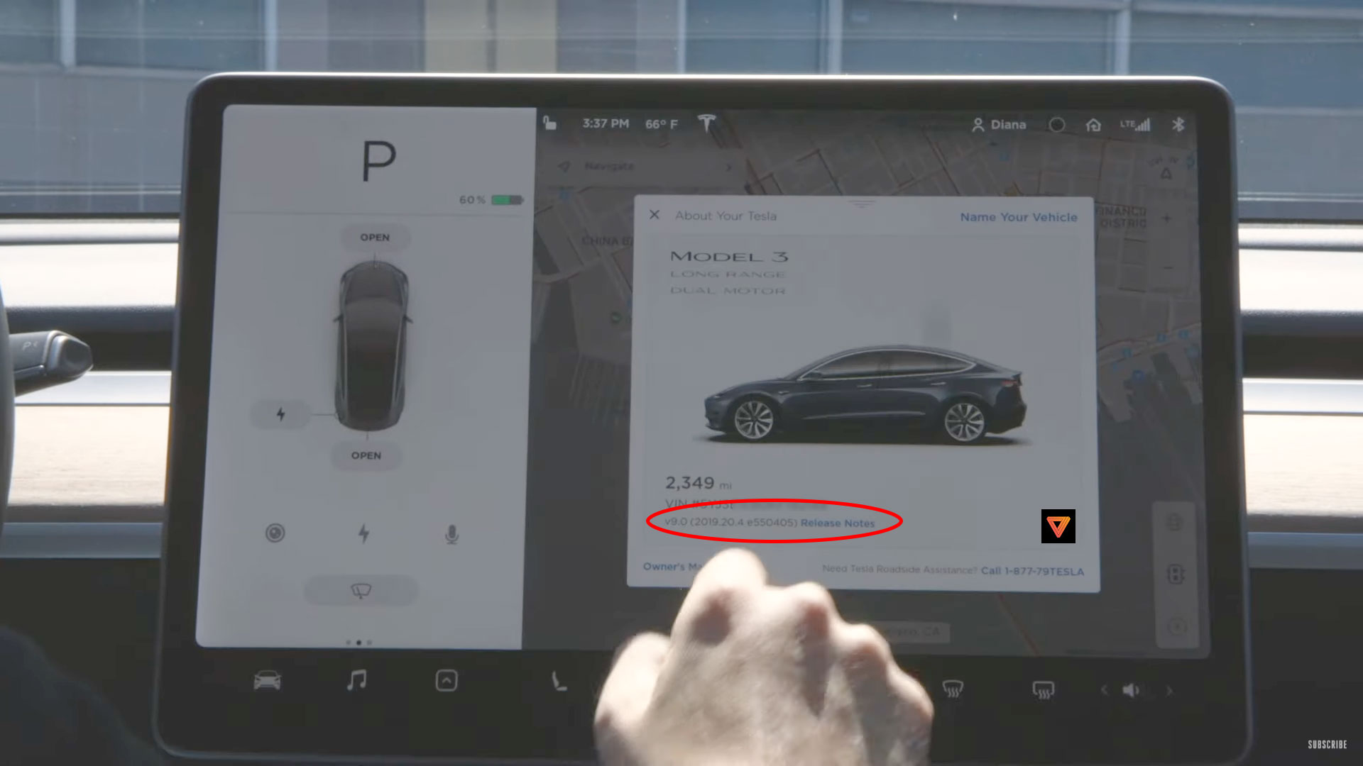 Screenshot from Tesla Beach Buggy Racing 2 video showing the 2019.20.4 firmware update.