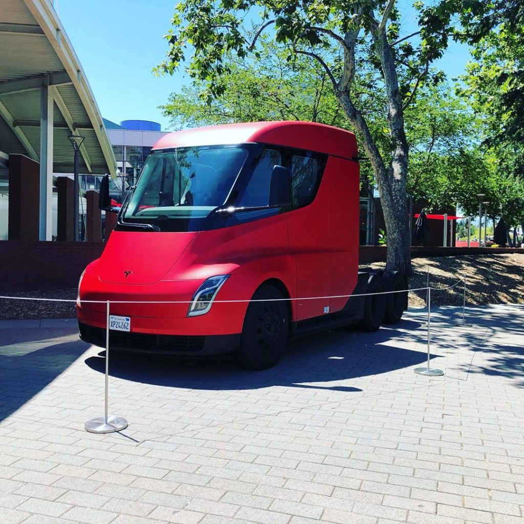 Red Tesla Semi Truck at the 2019 Tesla Shareholder Meeting - Front View from a little distance