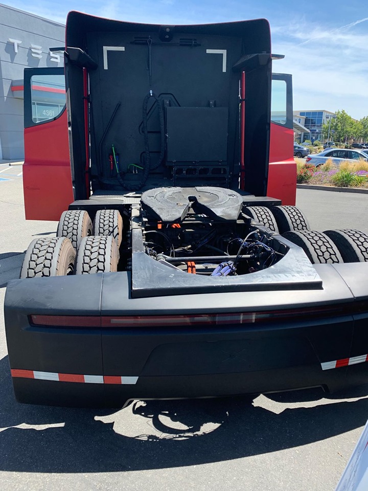 Red Tesla Semi Truck spotted in Sacramento, CA. Rear Shot.