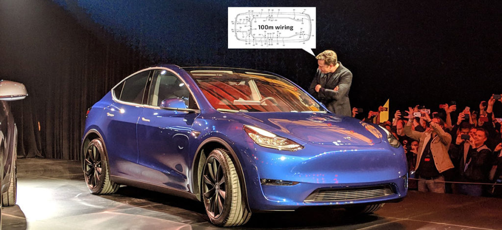 Tesla Model Y - New wiring harness length reduction patent obtained by Tesla.