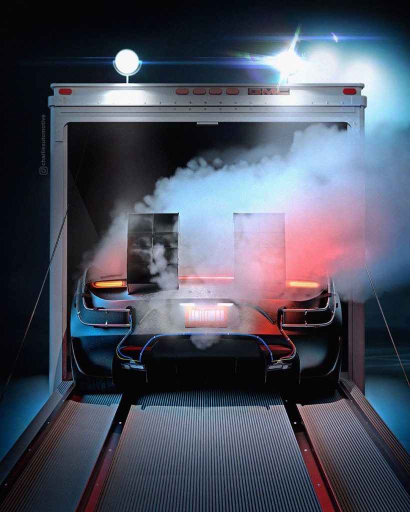 Tesla Roadster Back To The Future/SpaceX art - rear view from distance.