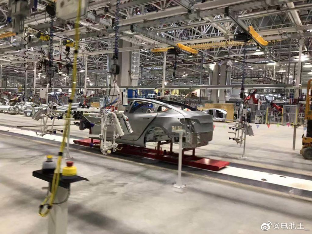 A Chinese Tesla Model 3 on the Tesla Gigafactory 3 assembly line.