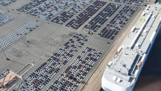 Thousands of RHD Tesla Model 3s waiting at the Port of San Francisco Pier 80.