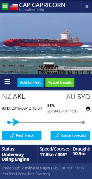 CAP CAPRICORN vehicle transport vessel location at the time of this writing, leaving NZ AKL for AU SYD. Screenshot from MarineTraffic.com