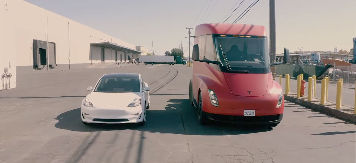 Tesla Semi Truck at Yandell's trucking and warehousing facility, along with a Tesla Model 3.