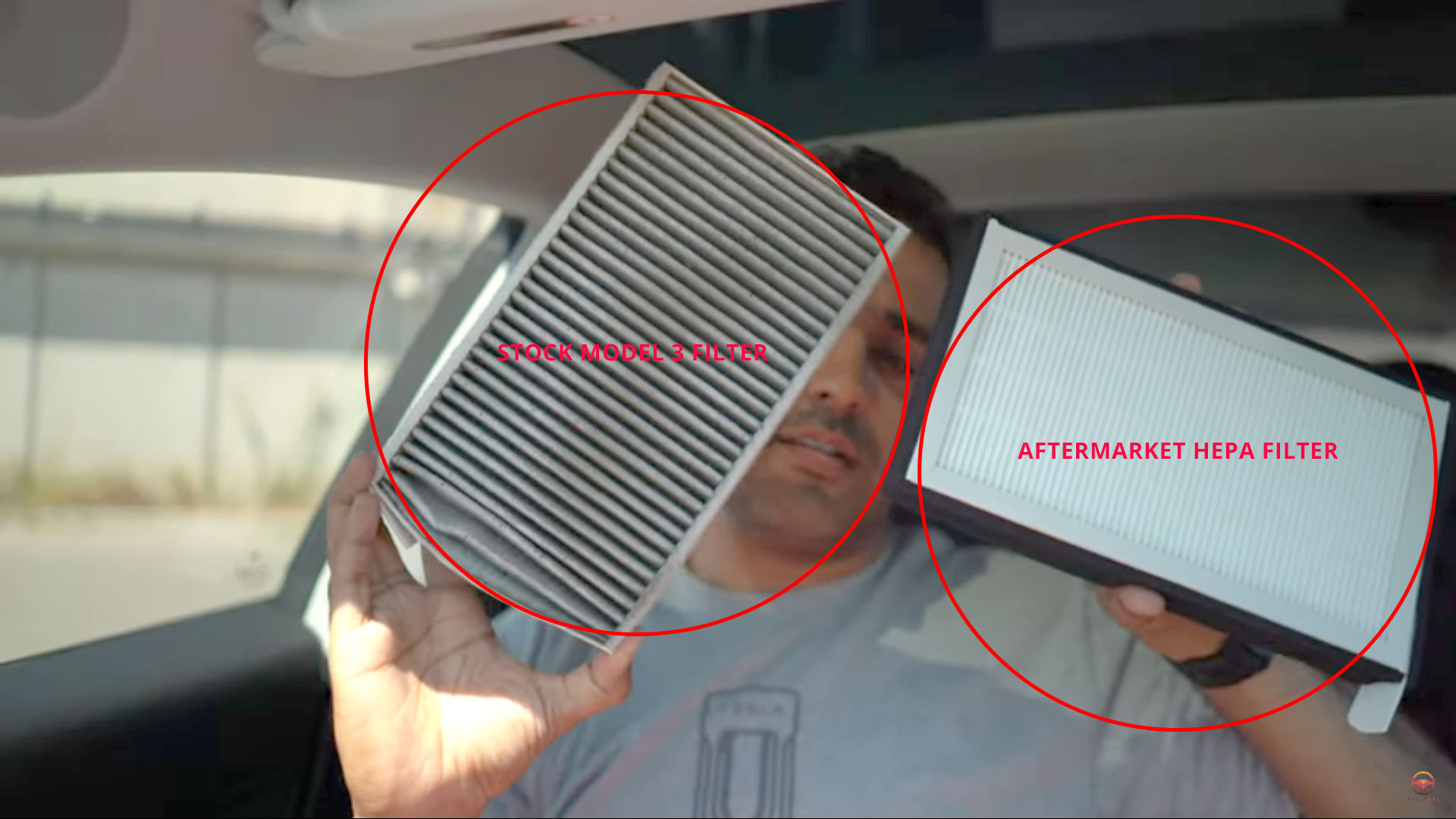 Tesla Model 3 stock vs aftermarket HEPA air filter.
