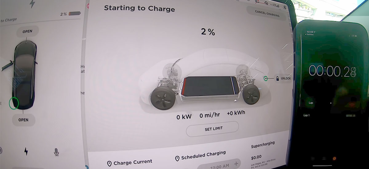 Tesla Model 3 at 2% state of charge (SoC) starting to calculate time 100% SoC on a V3 Supercharger.