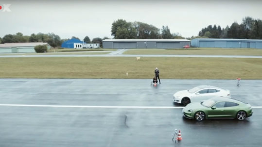Porsche Taycan Turbo S vs. Tesla Model S P100D drag race and handling test.